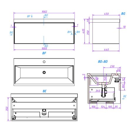Тумба под раковину подвесная La Fenice SIMPLA FNC-01-SIM-BG-100, синяя, артикул FNC-01-SIM-BG-100