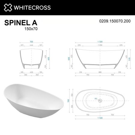 Ванна WHITECROSS Spinel A 150x70 (белый мат) иск. камень, артикул 0209.150070.200
