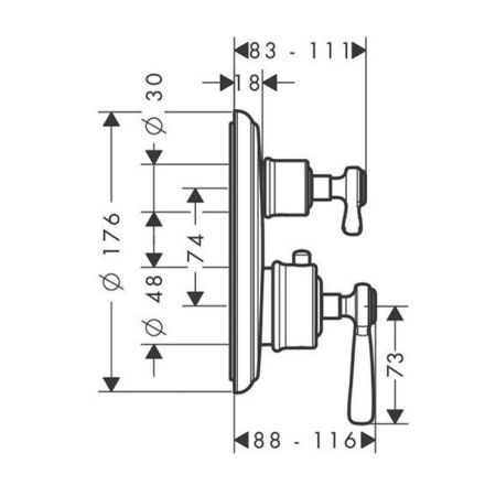 AX Montreux Термостат с запорным/переключающим вентилем, СМ, 2 потребителя (рычажные рук.), цвет: полированное золото, артикул 16821990