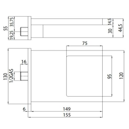 Излив, Bossini, Bocca Cascata XL, для ванной или душа, настенный, вынос излива, мм-155, стандарт подводки-1/2", каскадная струя, материал-латунь, цвет-хром, артикул E88500.030