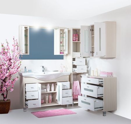 Зеркало со шкафом Бриклаер Бали 120 с подсветкой Светлая лиственница/Белый глянец