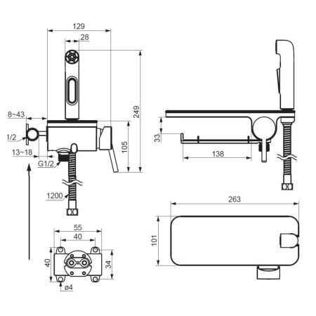 773500200 Jupiter, монтируемый в стену смеситель с гиг душем и полкой, белый, шт, артикул 773500200