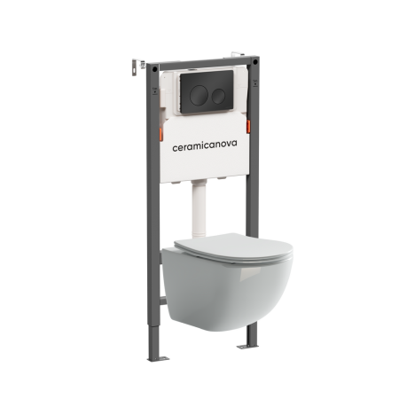 Комплект Подвесной унитаз Форма (Forma) Безободковый (Rimless) + Система инсталляции Баланс (Balance) кнопка Круг (Circle), черный матовый, артикул CN3009_121001MB