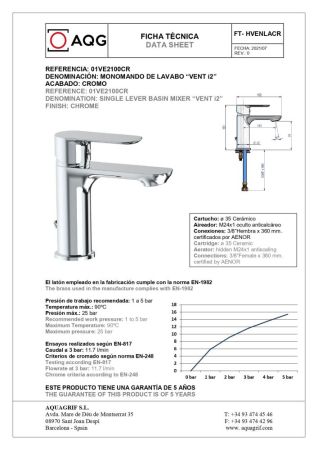 AQG VENT-i2, однорычажный смеситель для раковины без донного клапана, цвет хром