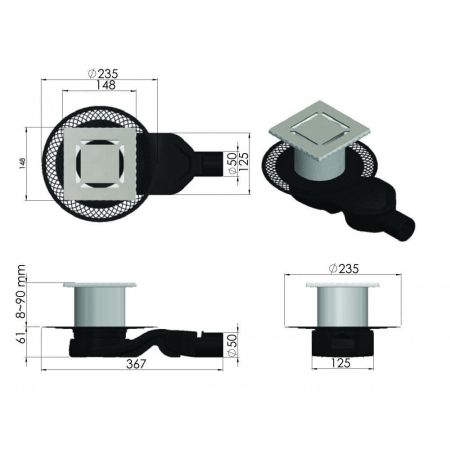 Трап BERGES водосток PLATZ Norma 150х150, хром глянец, S-сифон D50 H60 боковой, артикул 091159