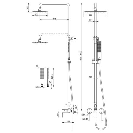 Душевая система Lemark Ursus с регулируемой высотой штанги и верхней душевой лейкой "Тропический дождь" (LM7260BG), артикул LM7260BG