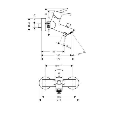 Смеситель для ванны и душа, Hansgrohe, Talis S, тип открывания воды-однорычажный, тип регулирования воды-керамический узел смешивания, тип установки-настенный, отверстия для монтажа-2, вынос излива, мм-166, тип излива-неподвижный, комплектация-переключате, артикул 72400000