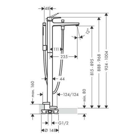 HG Metropol Смеситель для ванны, напольный, излив 235мм, h895мм, переключатель вакумный, ручной душ 2jet, цвет: хром HG Metropol Смеситель для ванны, напольный, излив 235мм, h895мм, переключатель вакумный, ручной душ 2jet, цвет: хром