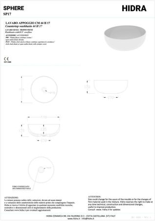 Hidra Sphere, накладная круглая раковина Ø44х17h см, цвет белый матовый, артикул SP17/006
