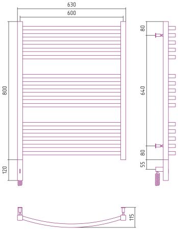 Полотенцесушитель, Сунержа, Аркус 3.0, электрический, ширина, мм-630, глубина, мм-115, высота, мм-920, межосевое расстояние-600, подключение-нижнее слева, электрокомплект-МЭМ, мощность, Вт-300, материал-нержавеющая сталь, цвет-белый матовый, артикул 30-5704-8060