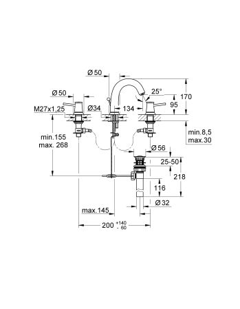 Смеситель для раковины GROHE BauClassic на 3 отверстия, двухвентильный, хром (20470000), артикул 20470000
