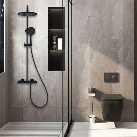 душевые стойки Vincea Душевая стойка Esse VSFS-1E1TMB термостатическая с изливом, 25см верх душ, черный ,, артикул VSFS-1E1TMB