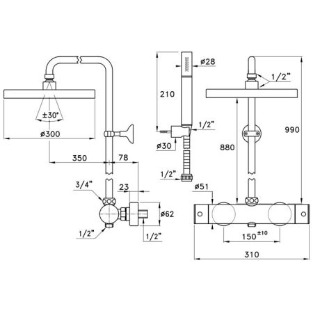 Stella Bamboo Душевой комплект 3287/304-300: термостатический смеситель, штанга+ручной+верхний душ 300мм, цвет: хром, артикул UN 02611 CR00