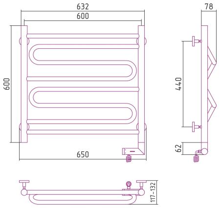 Полотенцесушитель электрический "ЭЛЕГИЯ 2.0" 600х600 / МЭМ правый (Без покрытия), артикул 00-5219-6060