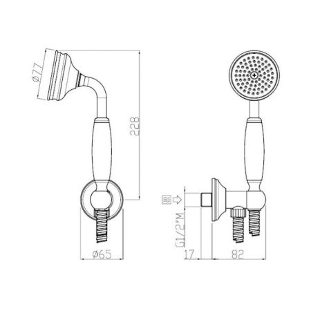 Душевой набор, Carimali, Colonial, размер душевого диска, мм-77, форма лейки-круглая, количество режимов-1, держатель для душа-есть, шланг-есть, длина шланга, мм-1500, шланговое подключение-есть, материал-латунь, с пластмассовой ручкой, цвет-хром, артикул 64511RES-CR