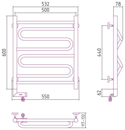 Полотенцесушитель электрический "ЭЛЕГИЯ 2.0" 600х500 / МЭМ левый (Без покрытия), артикул 00-5218-6050