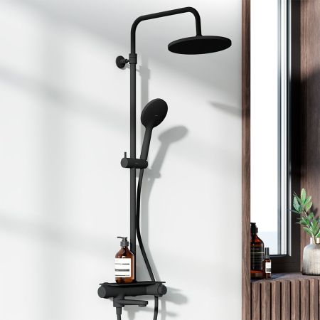 977760300 Jupiter душевая система с ванно-душевым ТМС смесителем-полкой, черный, артикул 977760300