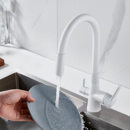 Смеситель для кухни с гибким изливом и подключением фильтра Shevanik S668C, белый, артикул S668C