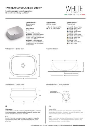 White Tao, накладная прямоугольная раковина 50x42x18h см, цвет белый глянцевый, артикул W1040701