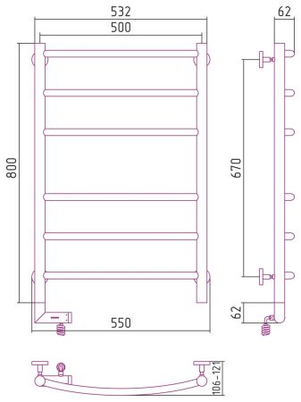 Полотенцесушитель электрический "ГАЛАНТ 2.0" 800х500 / МЭМ левый (Матовый Чёрный)