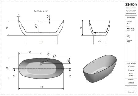 Zenon Como, акриловая ванна овальной формы, 170x80xh58 см, цвет белый матовый, артикул 4000.000.000.000.41046