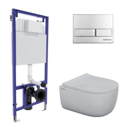 Комплект BERGES для монтажа  подвесного унитаза: инсталляция NOVUM525, кнопка L3 хром глянец, унитаз EGO Rimless, сидение дюропласт  Toma Slim SO, микролифт, быстросьем, артикул 047213