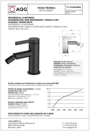 AQG Urban Flow, однорычажный смеситель для биде без донного клапана, цвет черный матовый